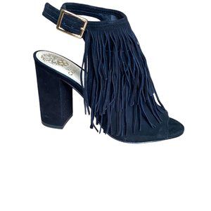 Vince Camuto Black Suede Fringe Adjustable Slingback Open-Toe Heels Sz 6 #02